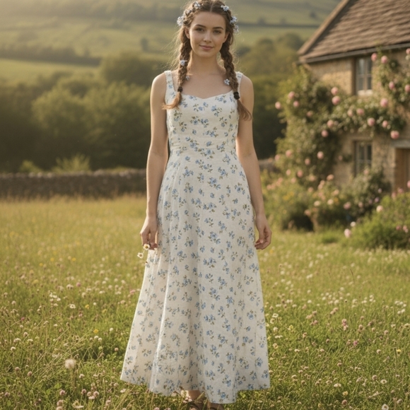 Old Navy Dresses & Skirts - Old Navy Linen Blend Floral Midi Dress Sz M Tall Cottagecore Milkmaid Feminine